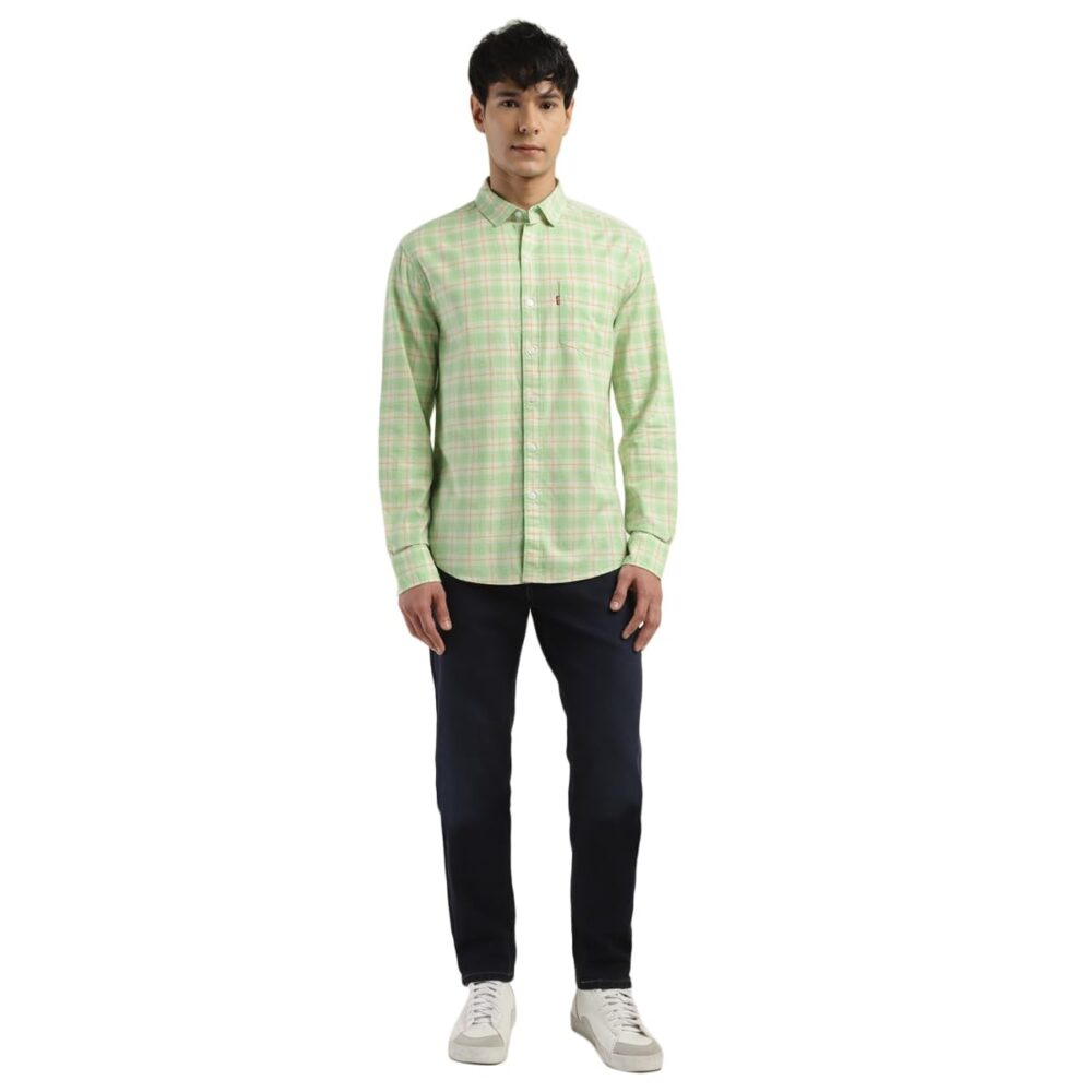 Levi's Men's Cotton Spread Collar Slim Fit Checked Shirts Light Green, Medium - Image 2