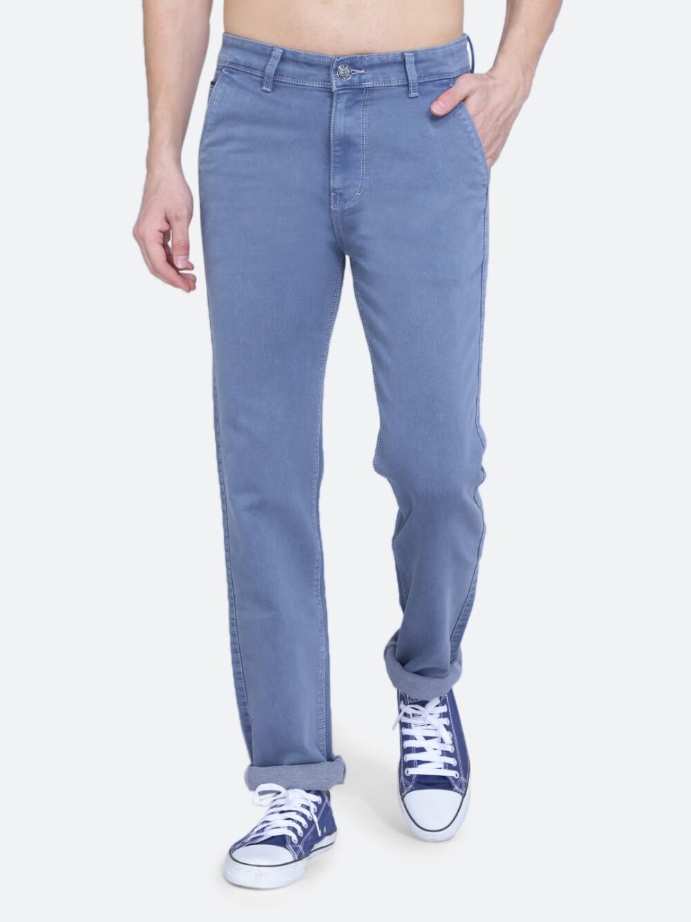 Awack Blue Grey Colored Washed Mid Waist Heavy Weight Stretchable Denim Material Front Cross Pocket Comfort Fit Jeans Pant for Men - Image 7