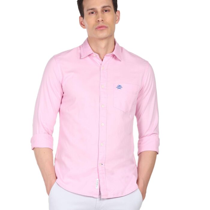 U.S. POLO ASSN. Men's Solid Spread Collar Premium Cotton Dobby Tailored Fit Shirt (USSHTR0017_Pink_M)