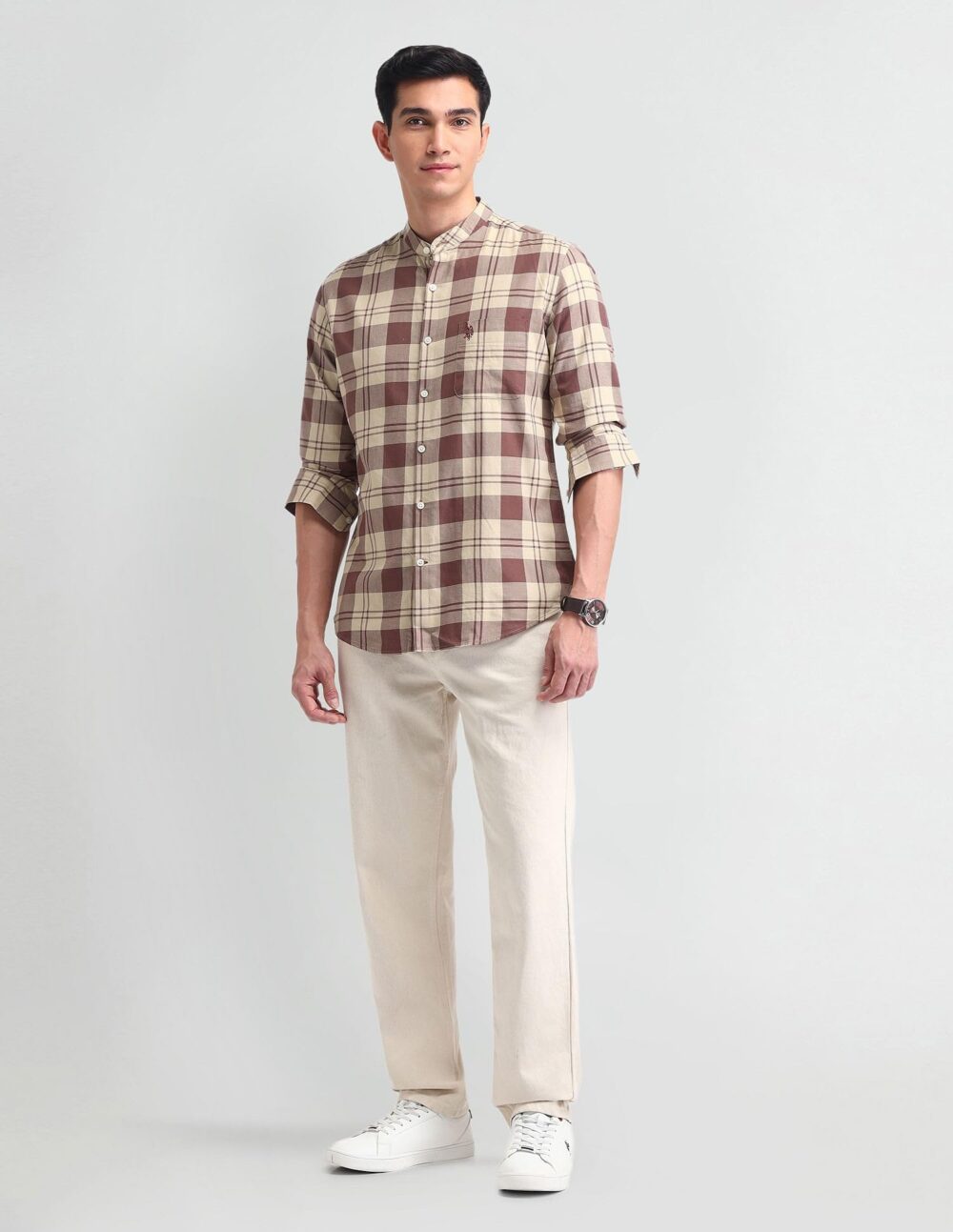 U.S. POLO ASSN. Denim Co. Men's Checkered Slim Fit Shirt (UDSHTFX0328_Brown - Image 7