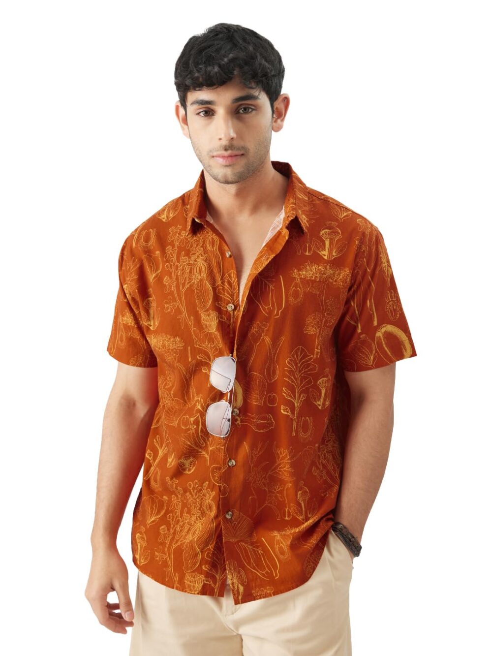 The Souled Store Tropical Beat Men and Boys Short Sleeve Collared Neck Regular Fit Button Down Orange Printed Shirts