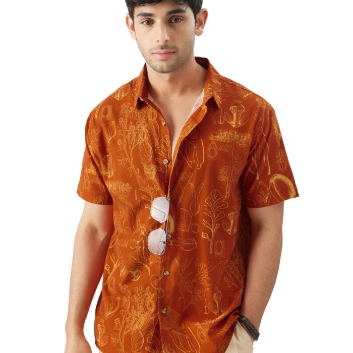 The Souled Store Tropical Beat Men and Boys Short Sleeve Collared Neck Regular Fit Button Down Orange Printed Shirts