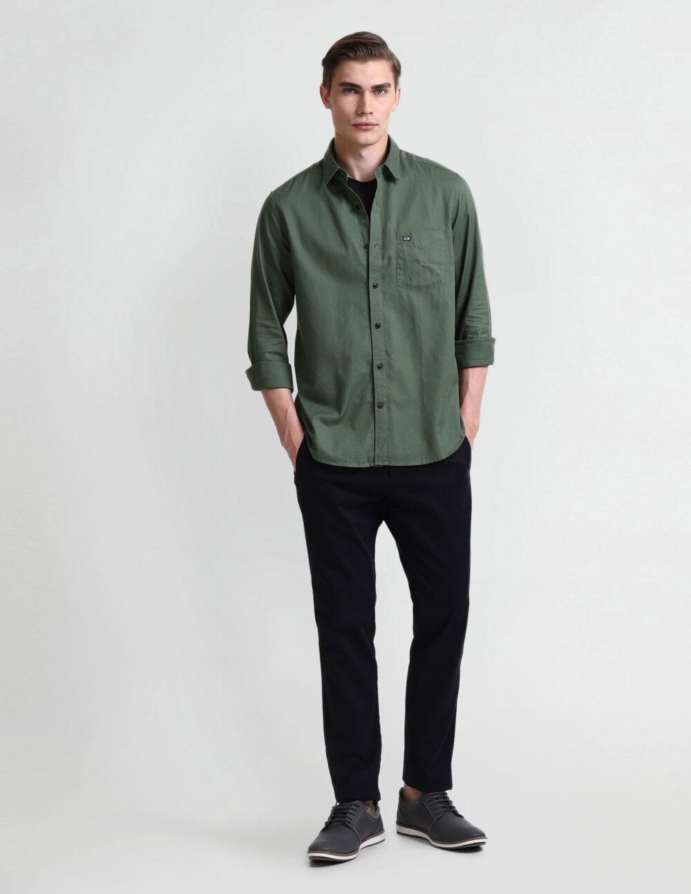Arrow Men's Solid Fitted Shirt (ASAEOSH1323_ME. Green - Image 5