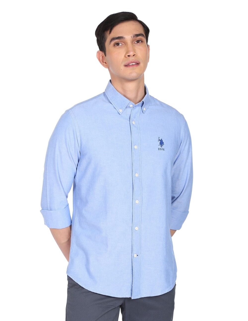 U.S. POLO ASSN. Men's Solid Oxford Tailored Fit Button Down Casual Shirt (USSHTC0065_Blue_M)