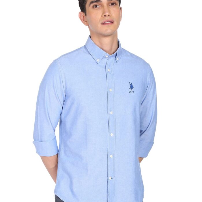 U.S. POLO ASSN. Men's Solid Oxford Tailored Fit Button Down Casual Shirt (USSHTC0065_Blue_M)