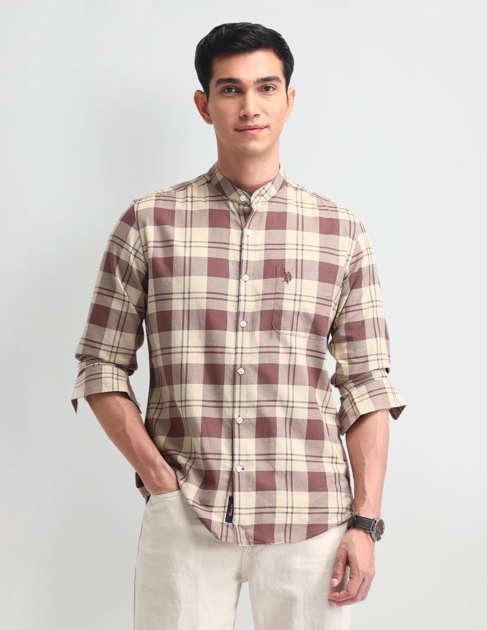 U.S. POLO ASSN. Denim Co. Men's Checkered Slim Fit Shirt (UDSHTFX0328_Brown - Image 4