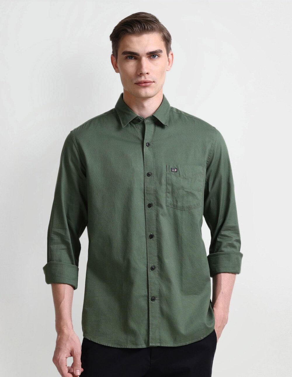 Arrow Men's Solid Fitted Shirt (ASAEOSH1323_ME. Green - Image 7