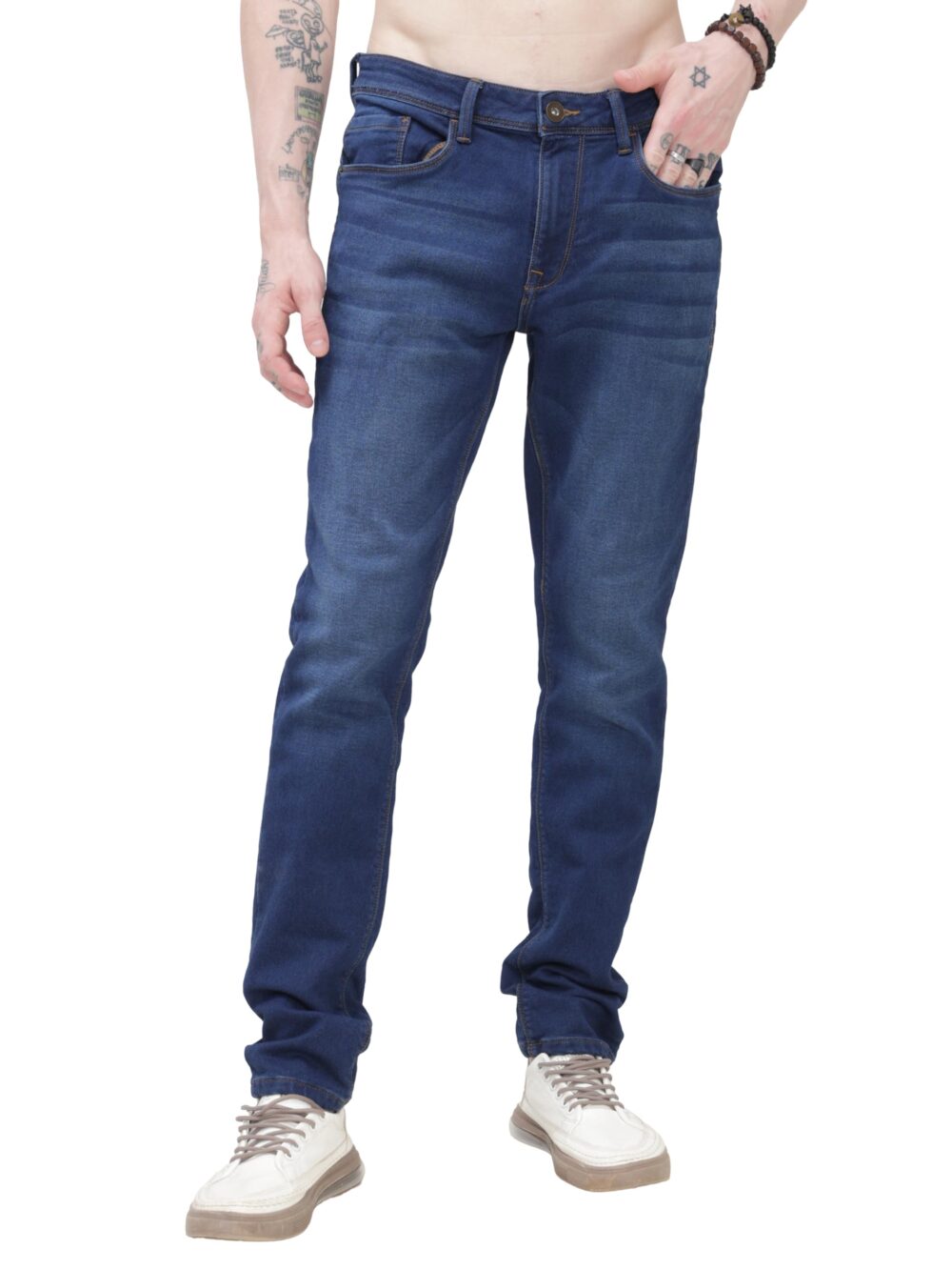 TURMS Men's Blue Solid Mid Rise Stretchable Adventure Comfort Denim Pant Cotton Rich Jeans 30 Days No Wash Tailored Fit Casual Wear, Anti Stain Anti Odor Breathable (Available in Plus Sizes)