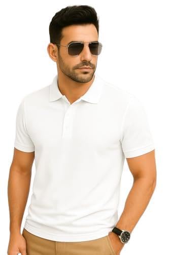 Todo BASIQUE Tshirt for Men | Men Polo t-Shirt Shirt | Solid Cotton Rich Polo T Shirt | Collar Tshirts | Half Sleeves | Plain-Regular Fit- White - Medium