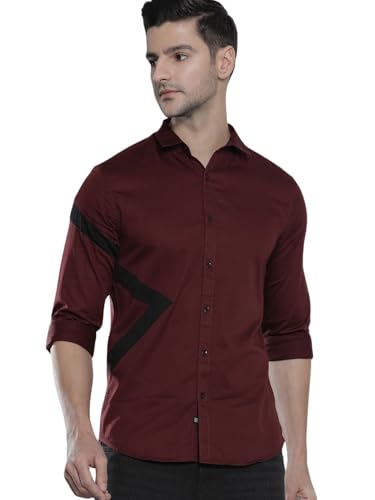 The Indian Garage Co Men's Slim Fit Shirt (1221-SHST146-02_Burgundy L)