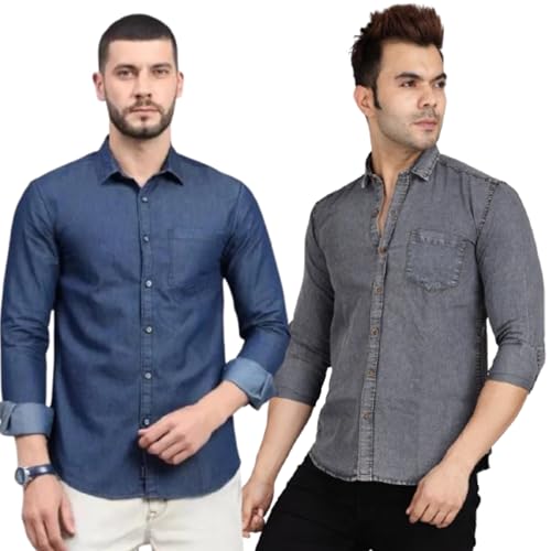 MARK HAYDON Men's Denim Shirt | Casual | Plain | Full Sleeve | Summer - Regular Fit (Available in Plus Size) (Dark Blue+ Navy Blue) (Combo Pack of 2) (in, Numeric, 46, Regular, Dark Blue + Grey)
