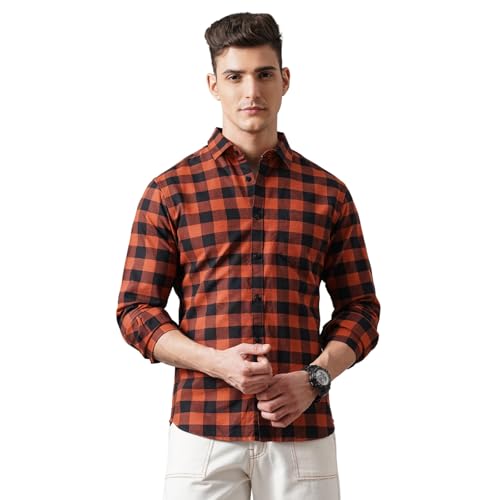 British Club Men Checked Slim Fit Shirt with Patch Pocket 100% Cotton | Orange | S |