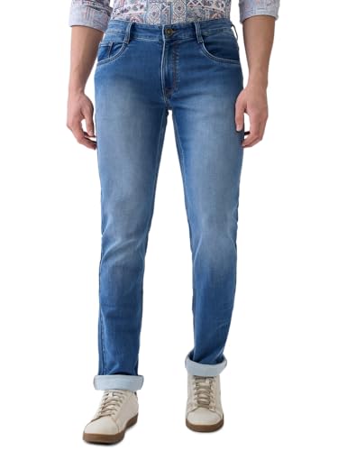 Parx Men Low Rise Tapered Fit Knitted Pattern Cotton Polyester Blend Flat Front Jeans (Size: 34)-XCYA03396-B4 Medium Blue