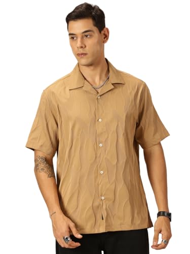 Thomas Scott Mens Cotton Blend Half Sleeves Self Design Casual Shirt (TS1420_Beige, 2XL)