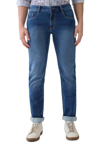 Parx Men Low Rise Tapered Fit Knitted Pattern Cotton Polyester Blend Flat Front Jeans (Size: 36)-XCYA03394-B5 Medium Blue