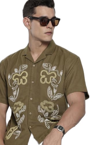 The Indian Garage Co Men's Solid Relaxed Fit Shirt (0824-SHEMRS-07-01-Dark Olive-M_Dark