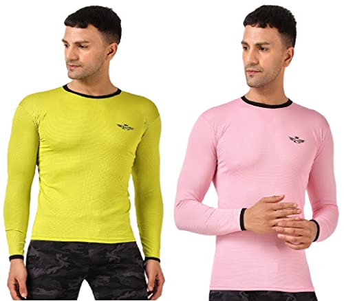 NDLESS SPORTS Full Sleeves Men’s Stretchable Breathable Dry-Fit Quick Drying Pack of 2 Regular T-Shirt with Color Contrast On Neck & Cuff (Lime Green & Pink, Large)