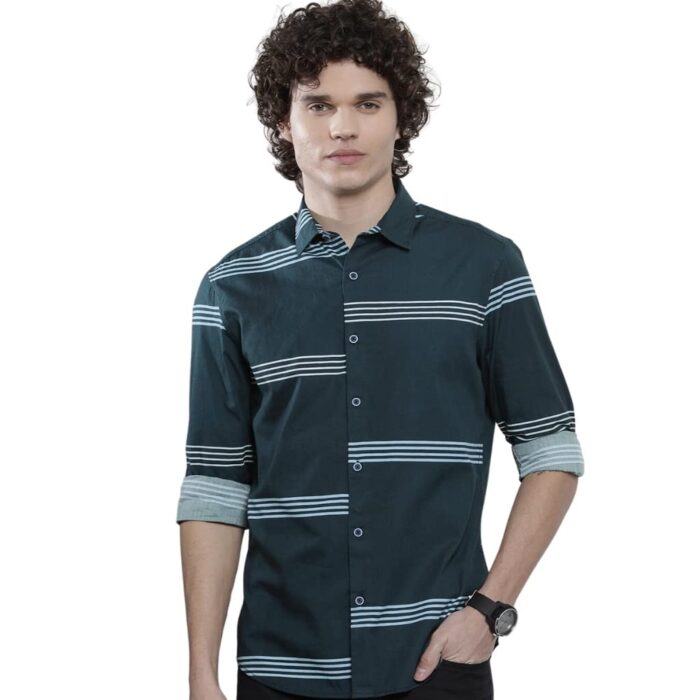 The Indian Garage Co Men's Striped Slim Fit Shirt (1222-SHPPST-01-01_Navy L)