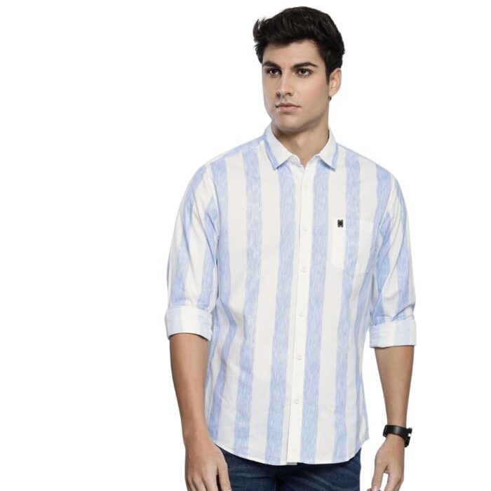 The Indian Garage Co Mens Blue Cotton Slim Fit Full Sleeve Striped Shirt
