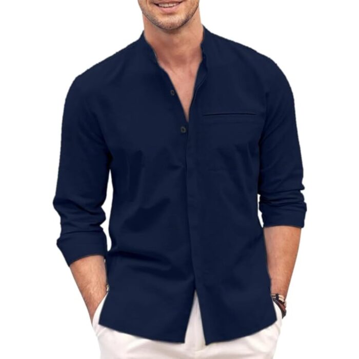 Bellstone Mens Casual Button Down Shirt | Cotton Luster Long Sleeves Shirts | Mandarin Collared Shirts Navy Blue
