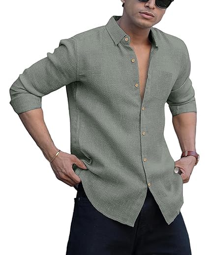LOLARK Men's Cotton Long Sleeve Button Down Shirt, Brown, Textured Pattern (in, Alpha, 2XL, Regular, Grey)