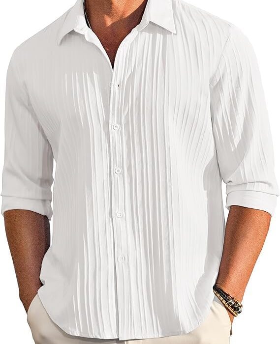 KEMLA Men's Casual Button Down Shirts Long Sleeve Linen Shirt Fashion Textured Beach Summer Shirt (in, Alpha, M, Regular, White)