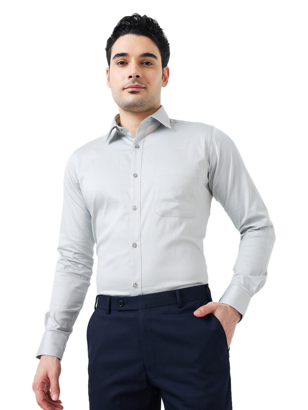 Raymond Men Slim Fit Solid Pattern Cotton Blend Semi Cutaway Collar Full Sleeve Formal Shirt (Size: 44)-RMSX13777-G3 Medium Grey