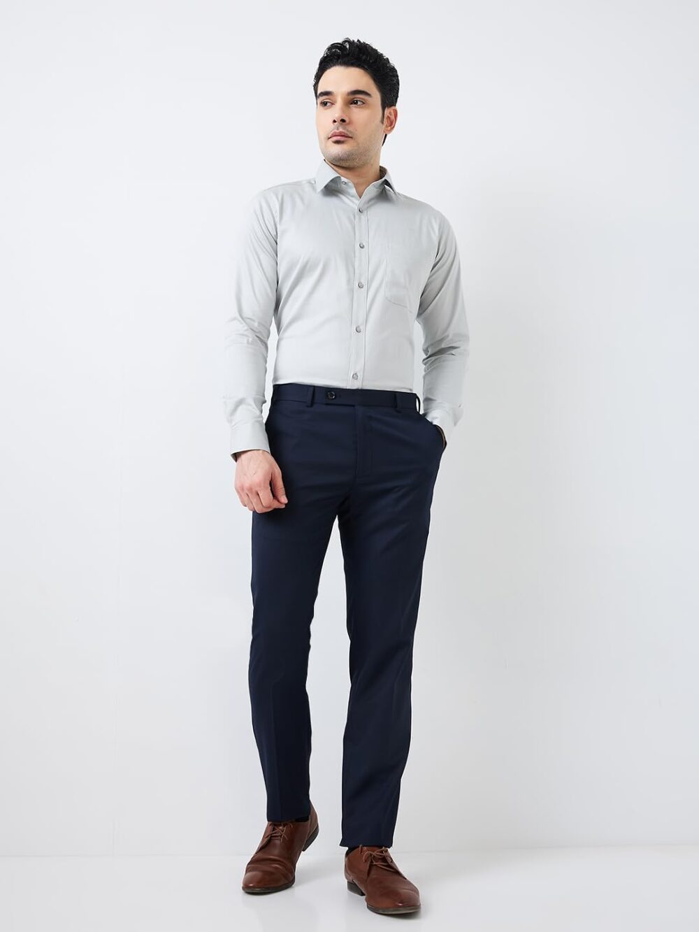 Raymond Men Slim Fit Solid Pattern Cotton Blend Semi Cutaway Collar Full Sleeve Formal Shirt (Size: 44)-RMSX13777-G3 Medium Grey - Image 4