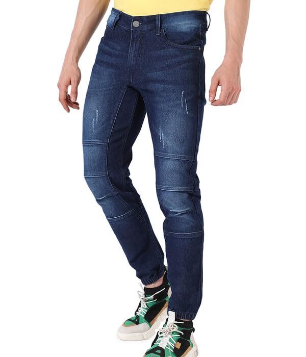 Campus Sutra Men's Navy Blue Self-Design Parallel Stitched Denim Jeans for Casual Wear | Dark-Wash | Regular Fit | Button Closure | Cotton Denim Jeans Crafted with Comfort Fit for Everyday Wear