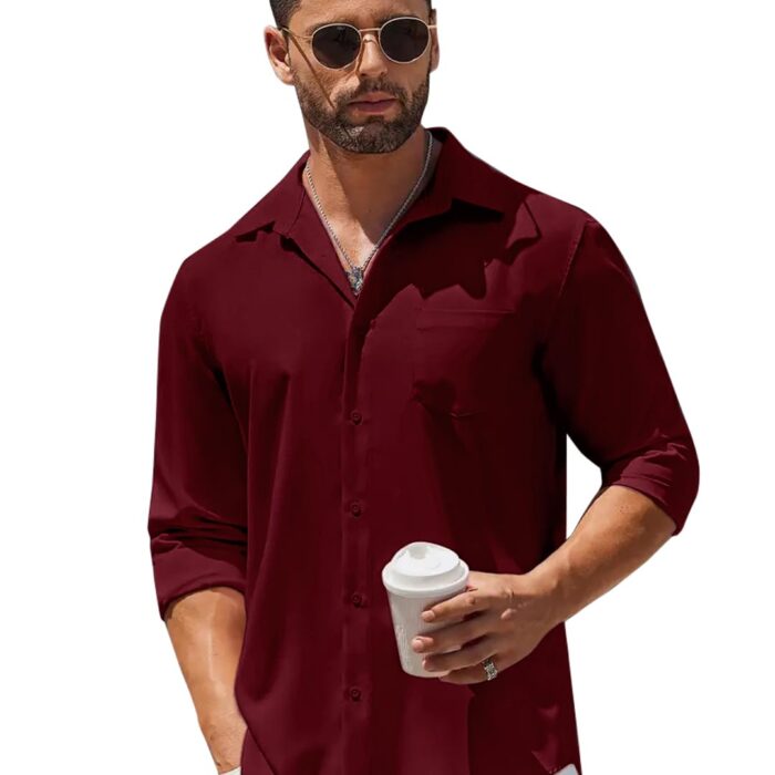 Vogaan Men's Solid Slim Fit Soft Touch Cotton Shirt | Full Sleeves Casual Shirt with Pocket (Maroon_44)