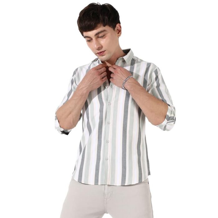 Campus Sutra Men's Multitrack Striped Multicolour Button Up Regular Fit Shirt for Casual Wear | Cotton Shirt Crafted with Regular Sleeve, Comfort Fit & High-Performance for Everyday Wear