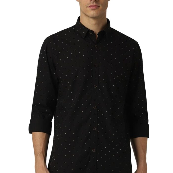 Peter England Men's Slim Fit Casual Shirt |100% Cotton | Micro Ditsy Print| Full Sleeve Pitch Black