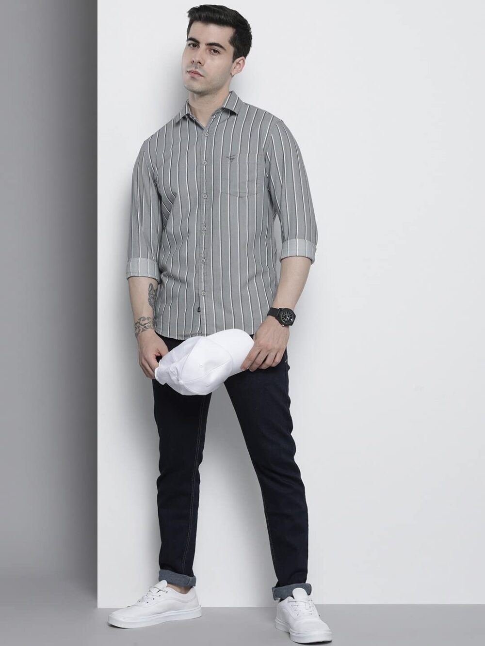 The Indian Garage Co Men's Striped Slim Fit Shirt (1122-SHCSOXYD-05-02_Grey 2XL) - Image 2