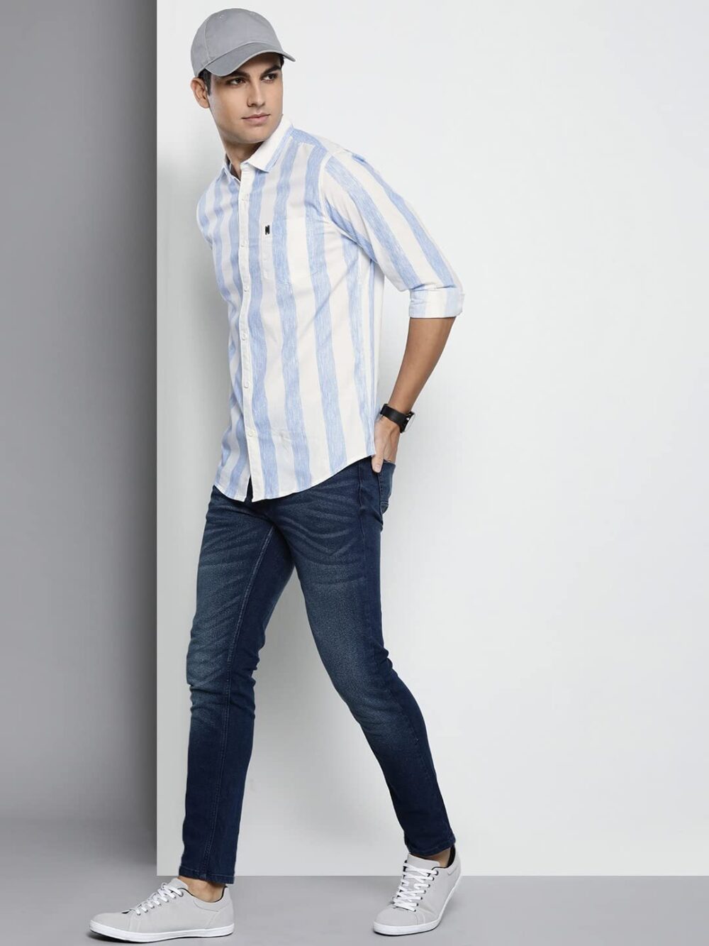 The Indian Garage Co Mens Blue Cotton Slim Fit Full Sleeve Striped Shirt - Image 7