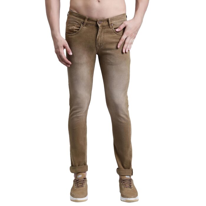 Cantabil Khaki Solid Cotton Denim Flat Front Mid Rise Full Length Regular Fit Casual Jeans for Men | Denim for Mens | Mens Full Length Cotton Casual Jeans (MDNM00417A_Khaki_34)