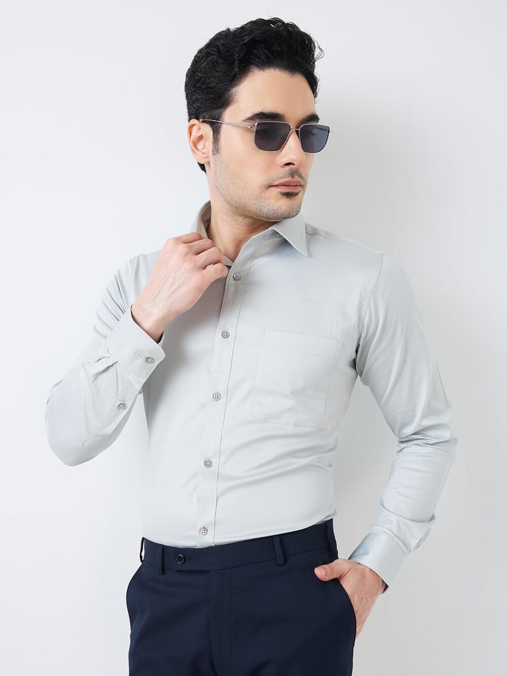Raymond Men Slim Fit Solid Pattern Cotton Blend Semi Cutaway Collar Full Sleeve Formal Shirt (Size: 44)-RMSX13777-G3 Medium Grey - Image 2
