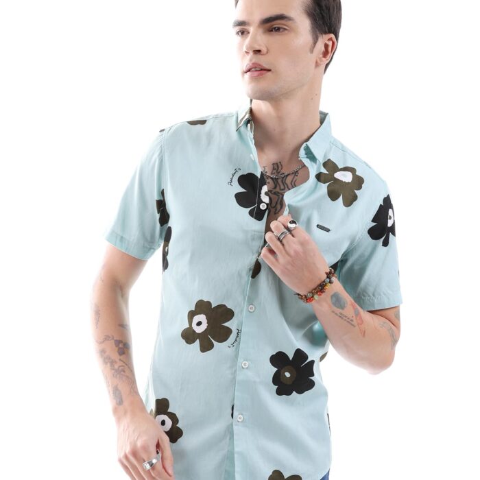 The Indian Garage Co Men's Floral Regular Fit Shirt (0722-SH283-02_Blue XXL)