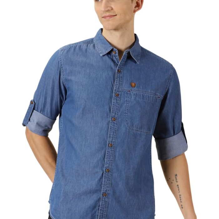 Thomas Scott Men's Smart Slim Fit Spread Collar Pure Cotton Denim Casual Overdyed Shirt Mid Blue