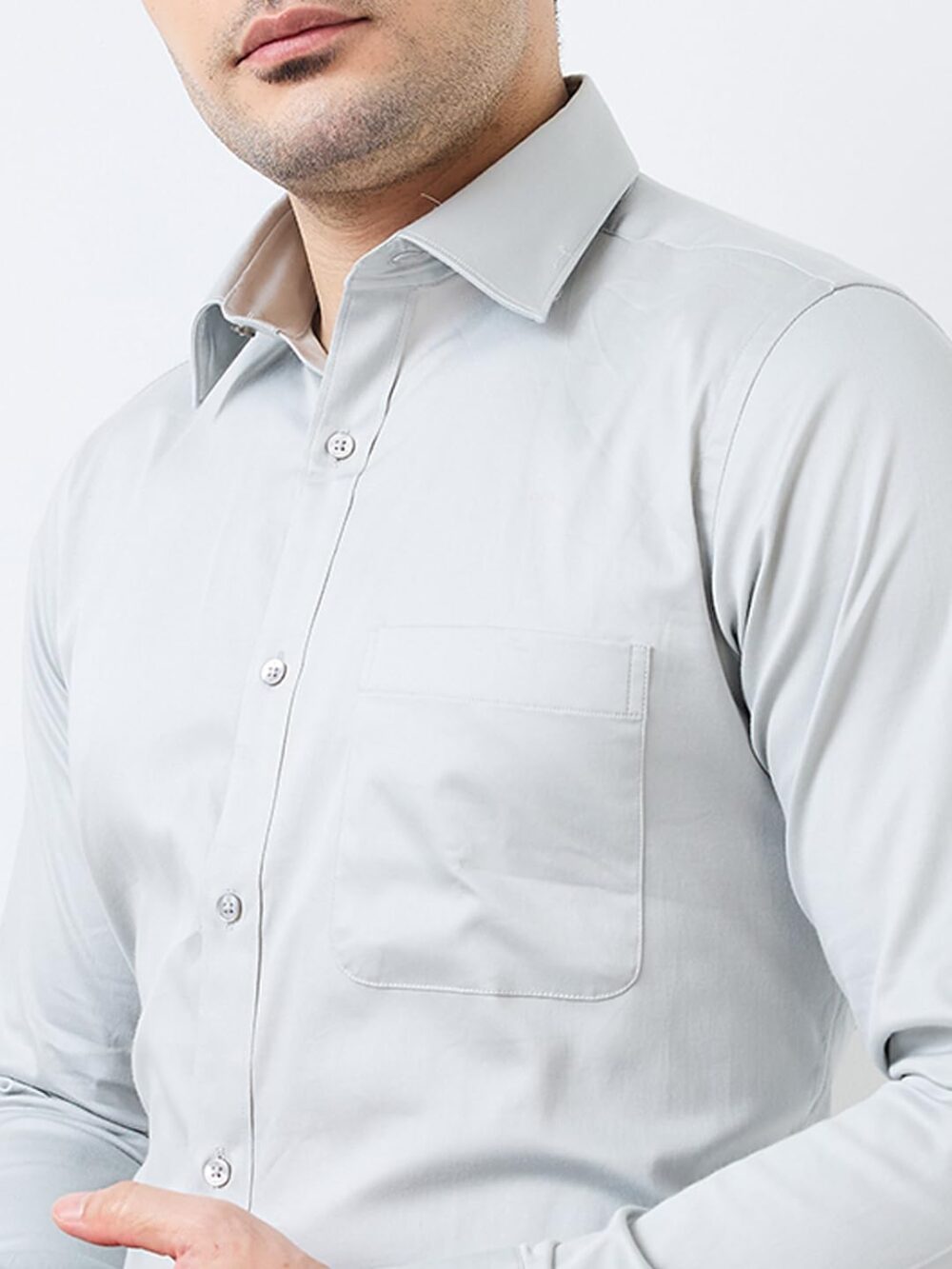 Raymond Men Slim Fit Solid Pattern Cotton Blend Semi Cutaway Collar Full Sleeve Formal Shirt (Size: 44)-RMSX13777-G3 Medium Grey - Image 3