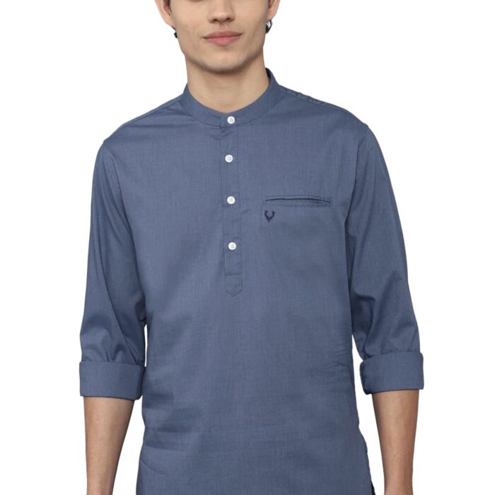 Allen Solly Cotton Blend Men's Regular Fit Full Sleeves Short Kurta (ASKUQSTBX35117_Medium Blue_38)