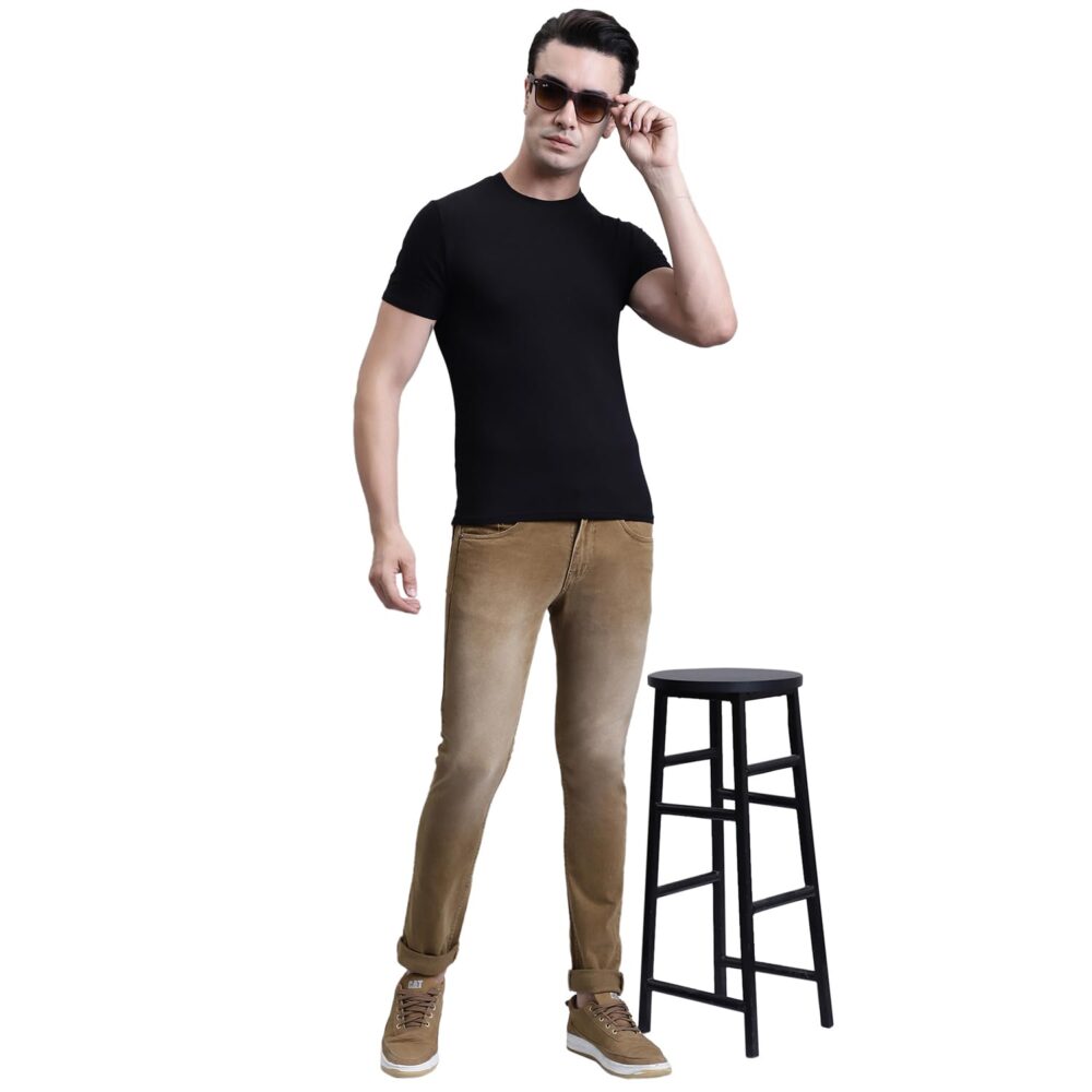 Cantabil Khaki Solid Cotton Denim Flat Front Mid Rise Full Length Regular Fit Casual Jeans for Men | Denim for Mens | Mens Full Length Cotton Casual Jeans (MDNM00417A_Khaki_34) - Image 3