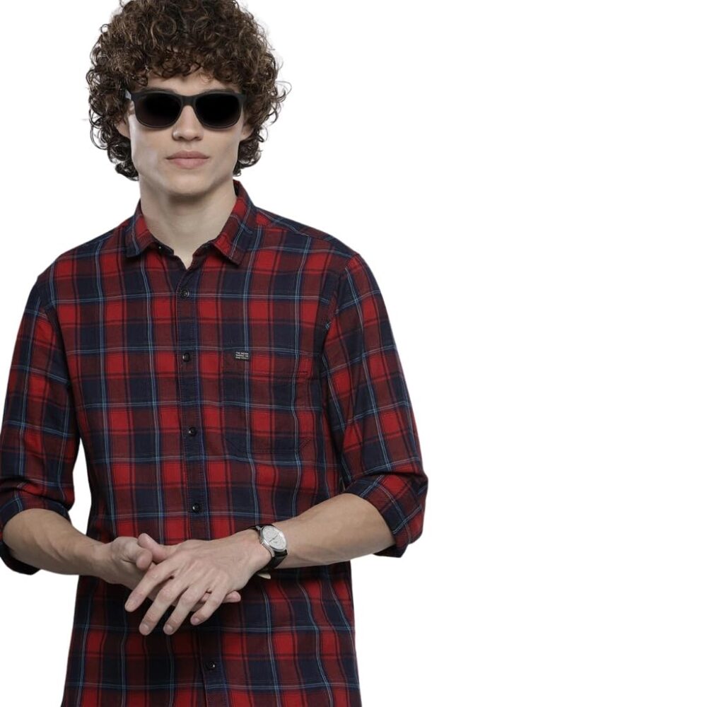 The Indian Garage Co Men's Checkered Slim Fit Shirt (1121-SH125-16_Red & Navy L)