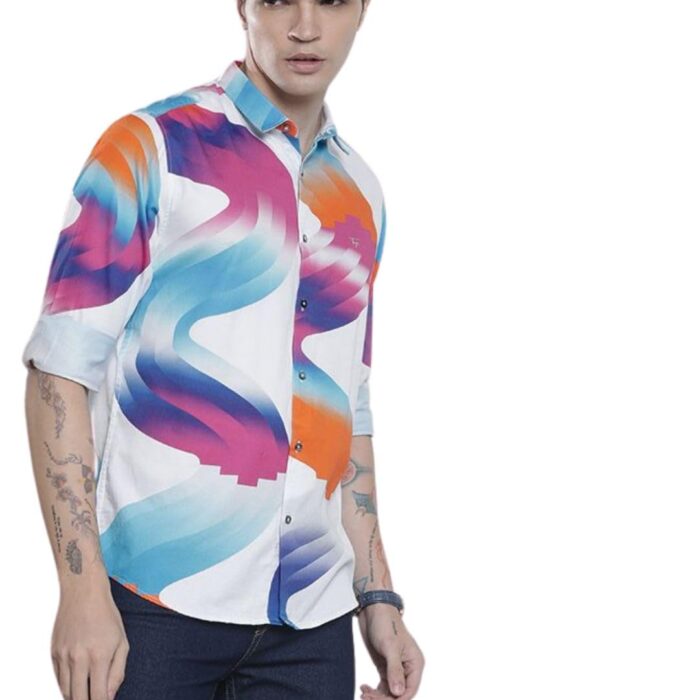 The Indian Garage Co Men White Abstract Printed Slim Fit Cotton Casual Shirt