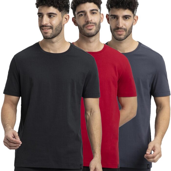Jockey AM16 Men's Super Combed Cotton Round Neck Half Sleeve T-Shirt (Pack of 3)_Black, Graphite & Shanghai Red_M