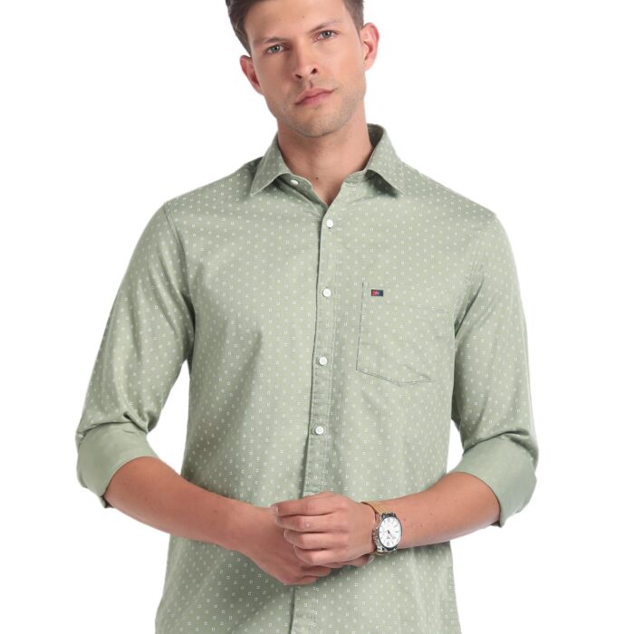 AD by Arvind Geometric Print Dobby Green Shirt