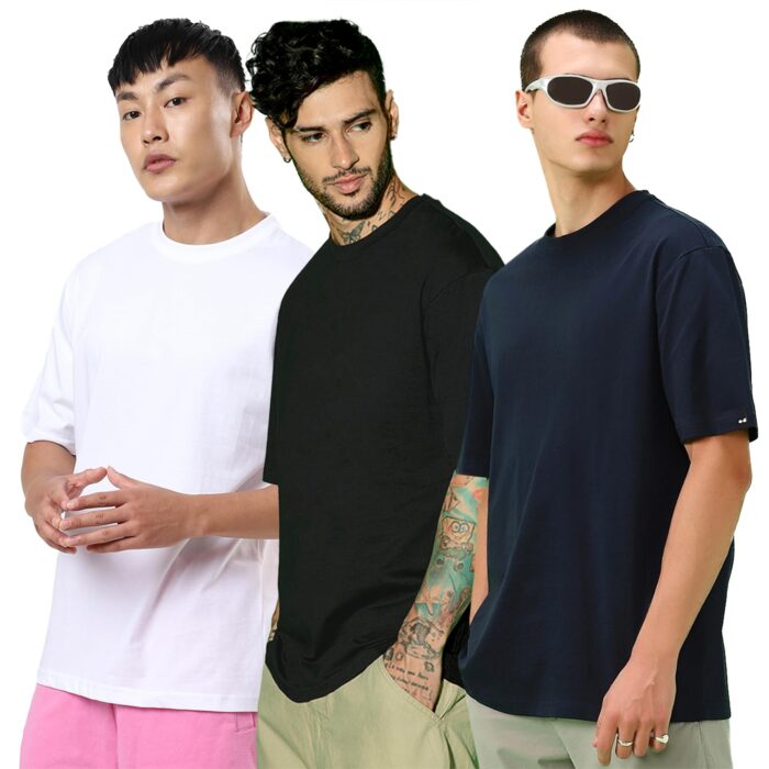 Bewakoof Men's Solid Oversized Fit Half Sleeve Round Neck Cotton T-Shirt (Pack of 3)_B1-439420-439421-439435_Multicolor_XL