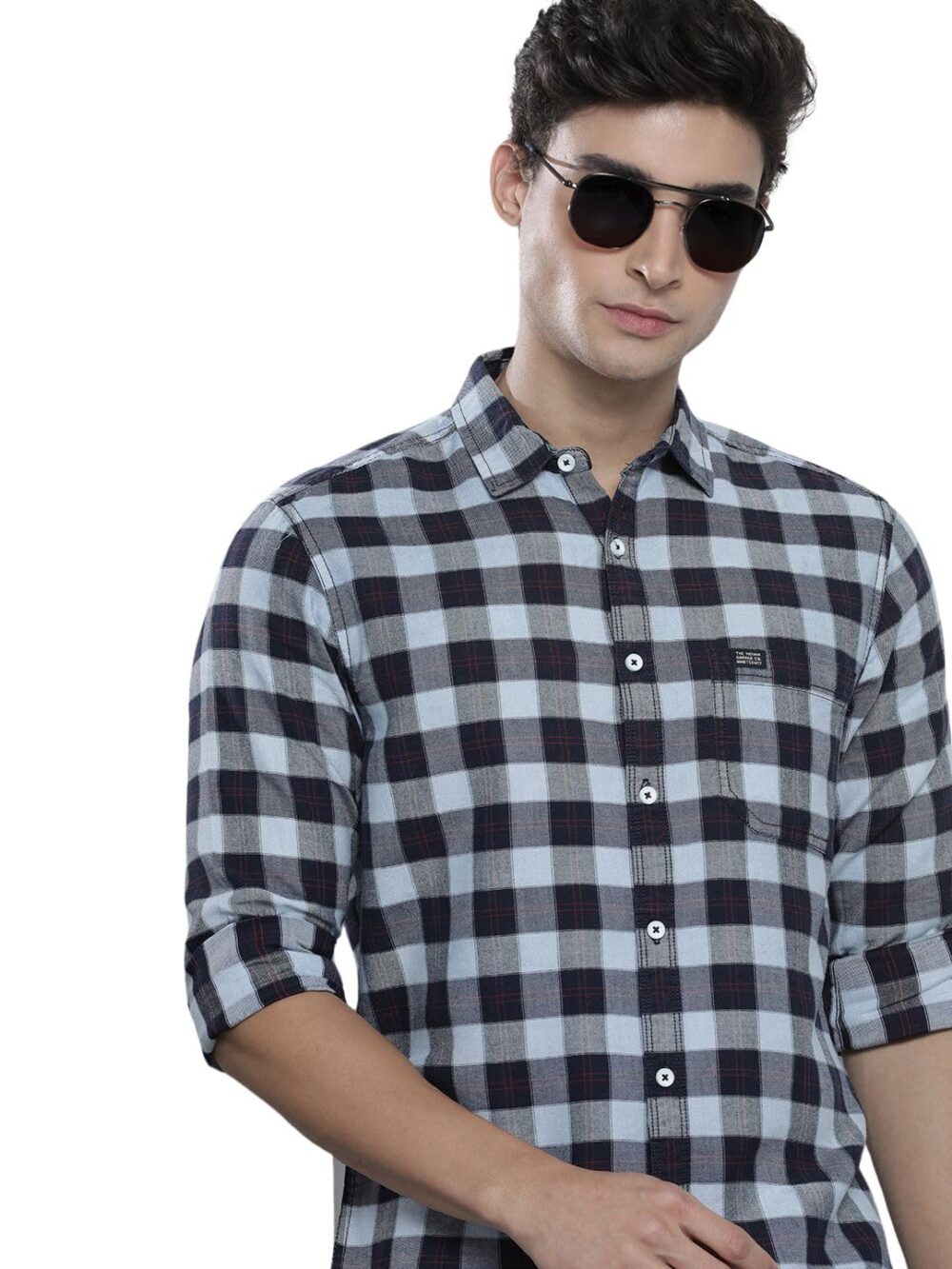 The Indian Garage Co Blue Regular Fit Spread Collar Checkered Long Sleeves Shirt