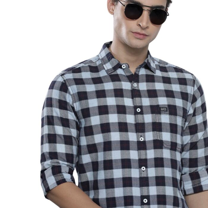 The Indian Garage Co Blue Regular Fit Spread Collar Checkered Long Sleeves Shirt