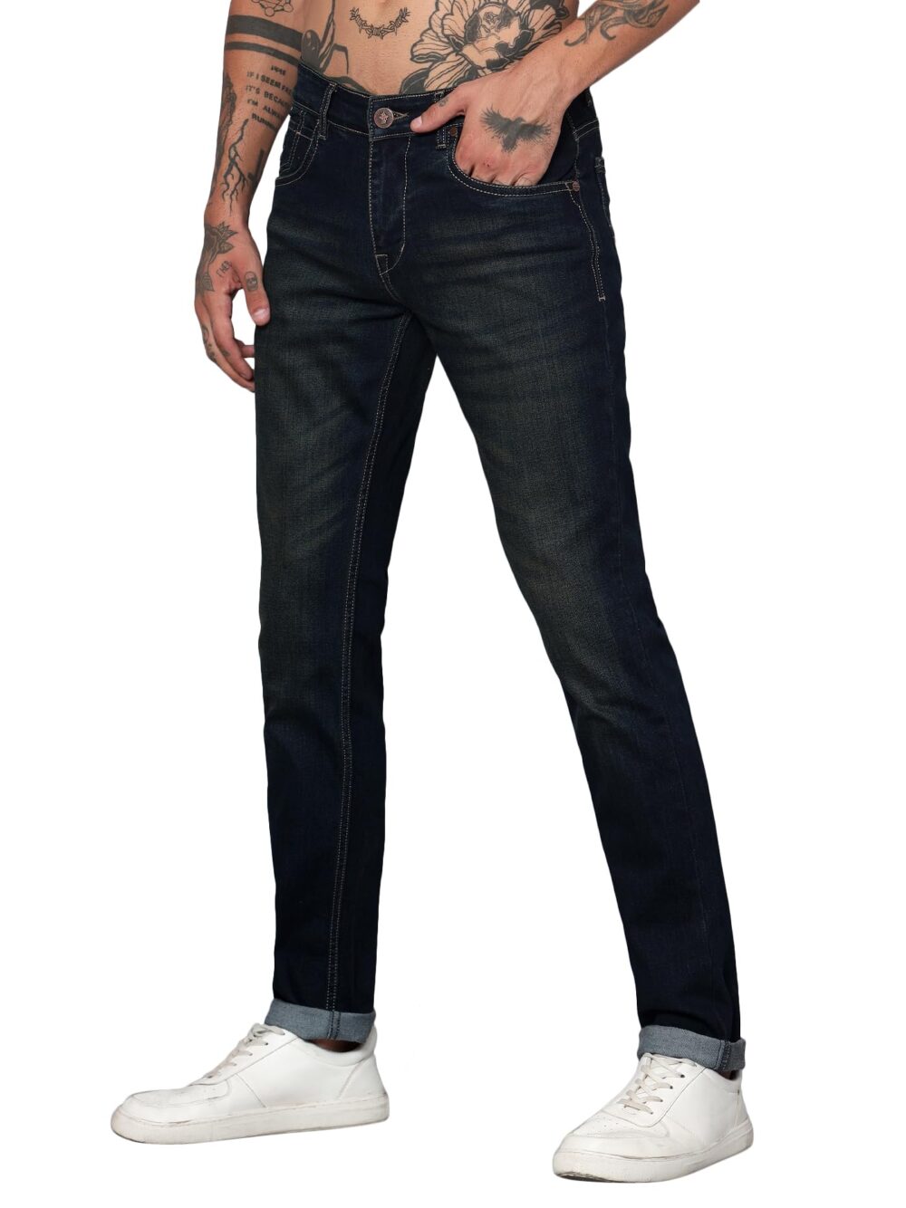 Cantabil Blue Solid Cotton Denim Flat Front Mid Rise Full Length Regular Fit Casual Jeans for Men | Denim for Mens | Mens Full Length Cotton Casual Jeans (MDNM00422_DIRTYEARTH_34) - Image 6
