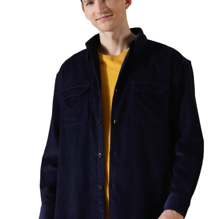 Thomas Scott Mens | Full Sleeve | Corduroy | Double Pockets | Relaxed Fit | 100% Cotton | Spread Collar | Casual | Shirts (Navy_XL)